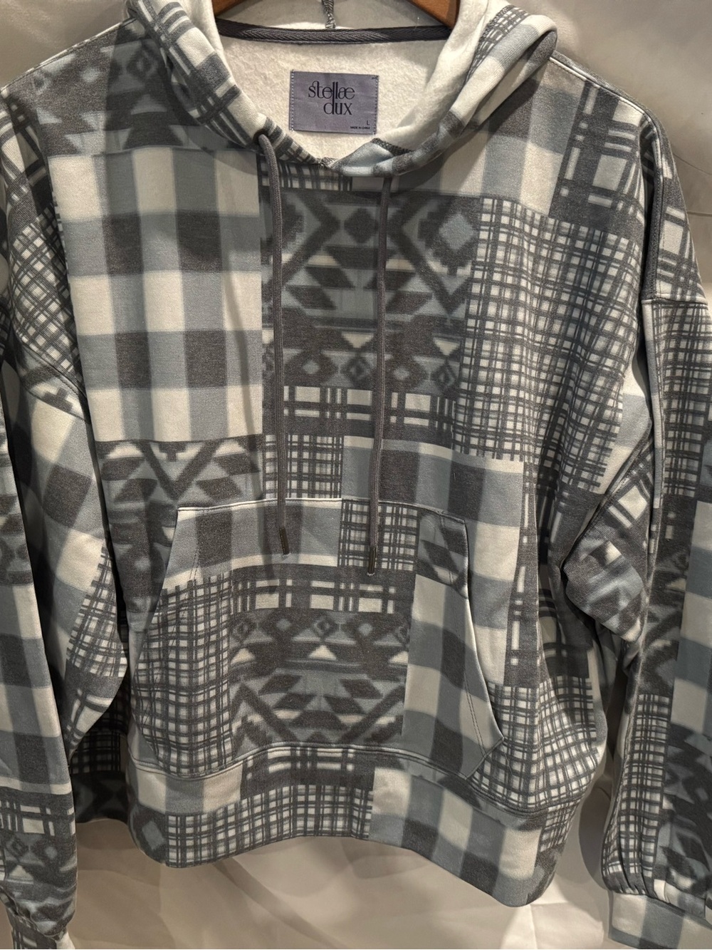 Stellae Dux Patchwork Printed Hoodie in "Cabin Blues